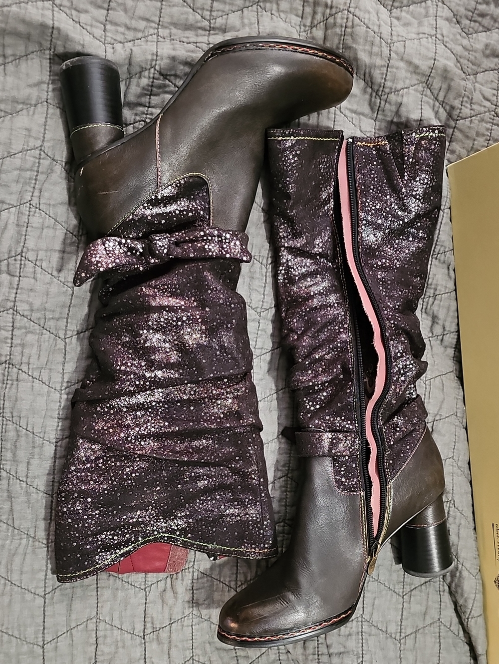 L'ATISTE Glitter Slouch Knee-High Boots in Brown